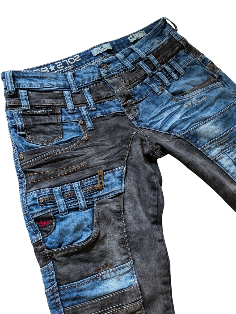 Vintage Y2K Designer Distressed Two-Tone Blue & Black Patchwork Relaxed Jeans